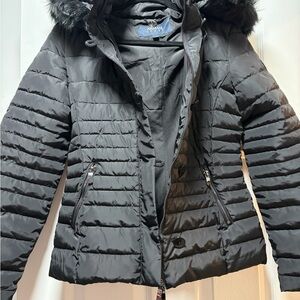 Armani Jeans Quilted Black Puffer with Fur Trim